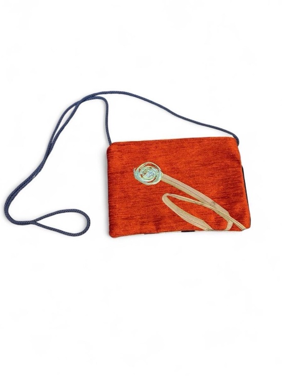 Handbags - Embroidered Floral Accent Rust Orange Crossbody Bag with Navy Strap